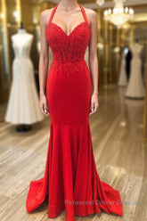 Halter Neck Mermaid Backless Red Lace Long Semi Formal Prom Dresses, Mermaid Red Formal Dresses, Red Lace Evening Dresses
